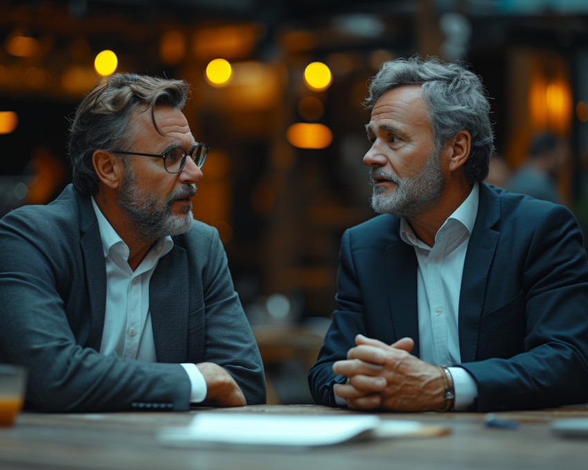 Two businessmen having an icebreaking conversation at the office table discussing ideas and building rapport