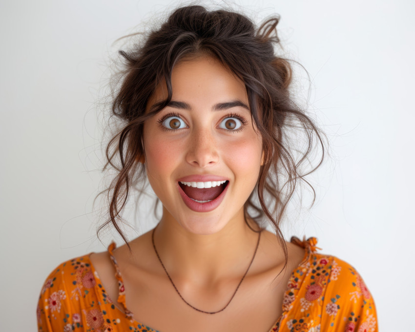 Joyful woman with a surprised expression on a white background