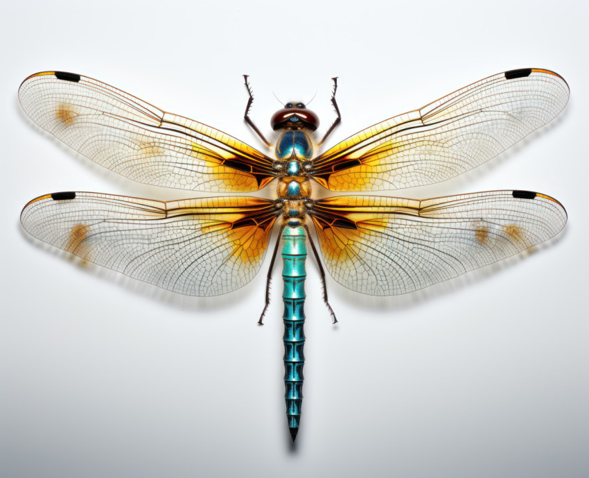 Colorful dragonfly perched on a white background