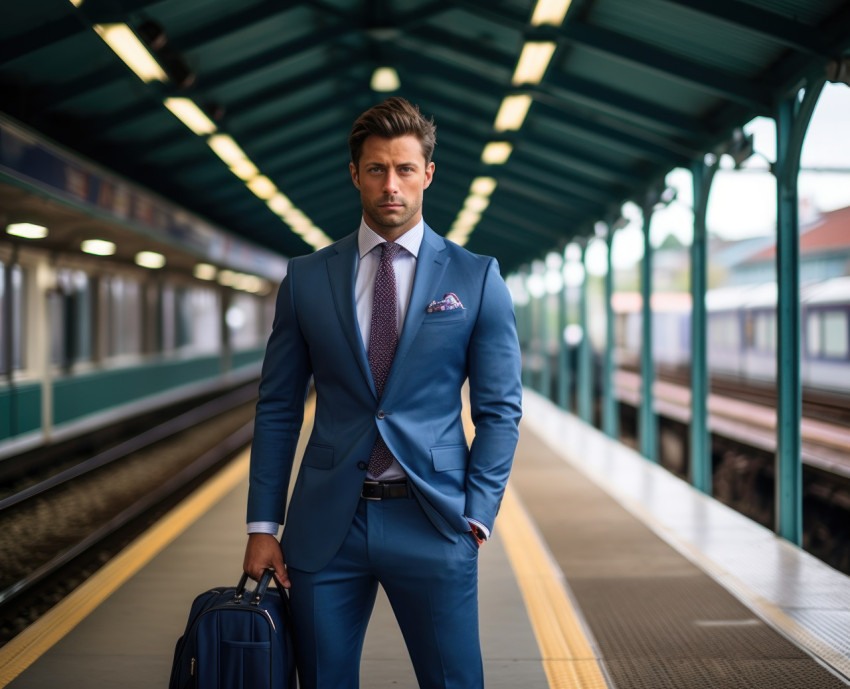 A businessman in business attire stands at a train station