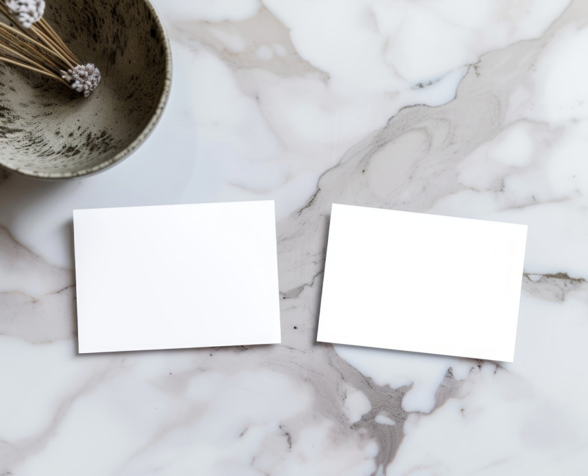 Two empty white business cards placed on a stylish marble desk