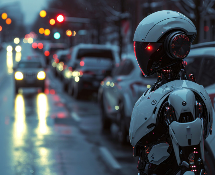 Futuristic robotic attendants standing alongside an actual Boston