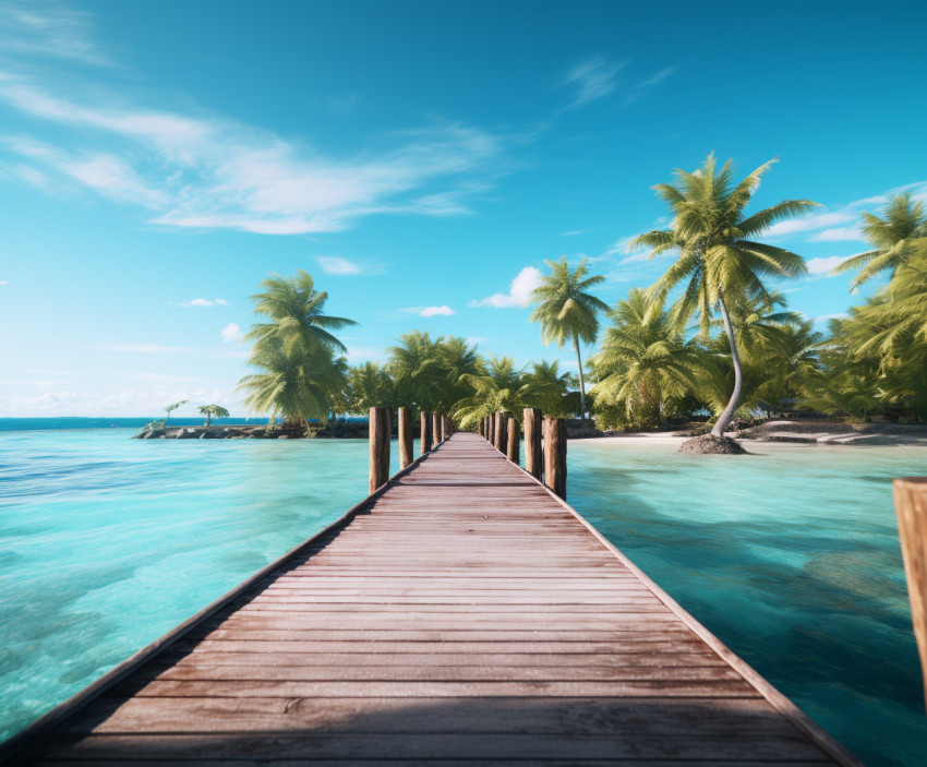 A wooden pier leading onto a tropical island with palm trees, Beaches stock images for travel websites