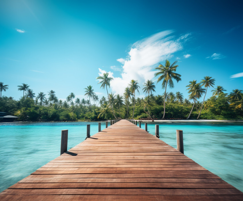 A wooden pier leading onto a tropical island with palm trees, Beaches stock images for travel websites