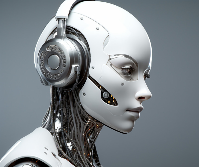 A robot with a head with headphones on the same background