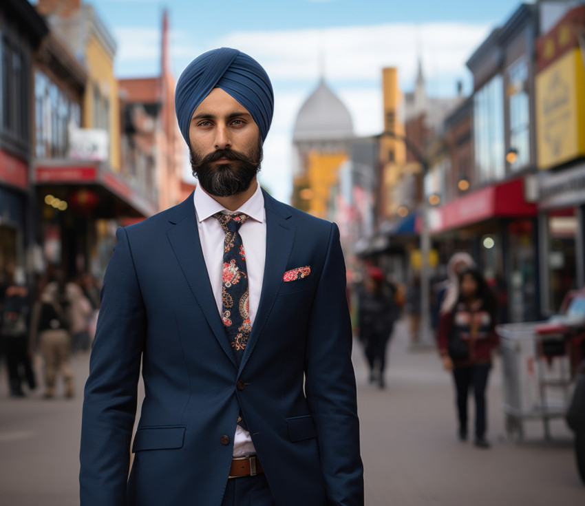 Confident young businessman in a business suit stands in the city