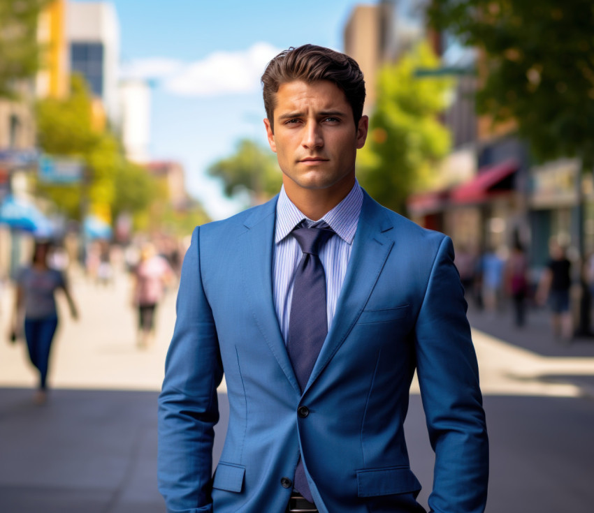 Young handsome businessman in blue suit standing in city