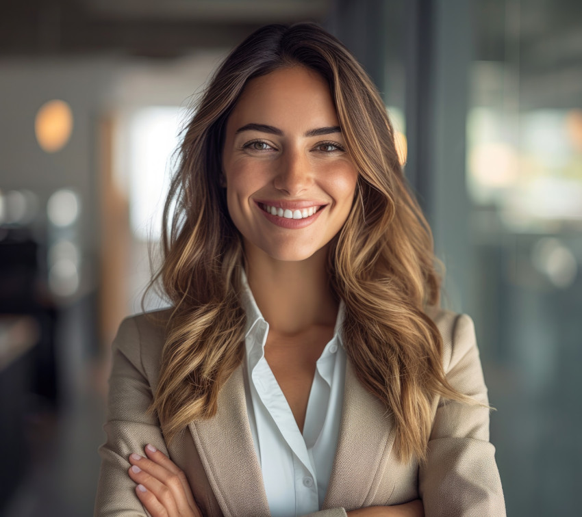 A confident businesswoman with folded arms exuding positivity in an office setting