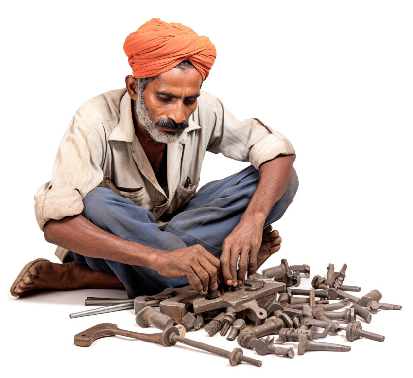 Skilled Indian craftsman poses with tools against a white background