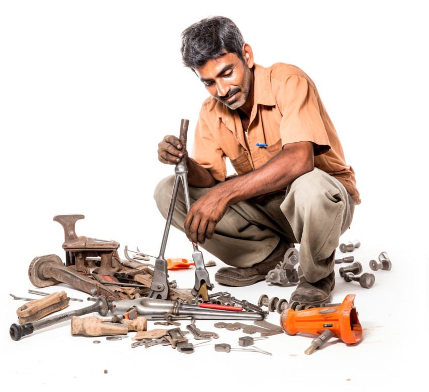 Skilled Indian craftsman poses with tools against a white background