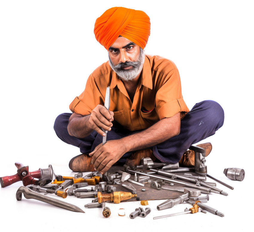 Skilled Indian craftsman poses with tools against a white background