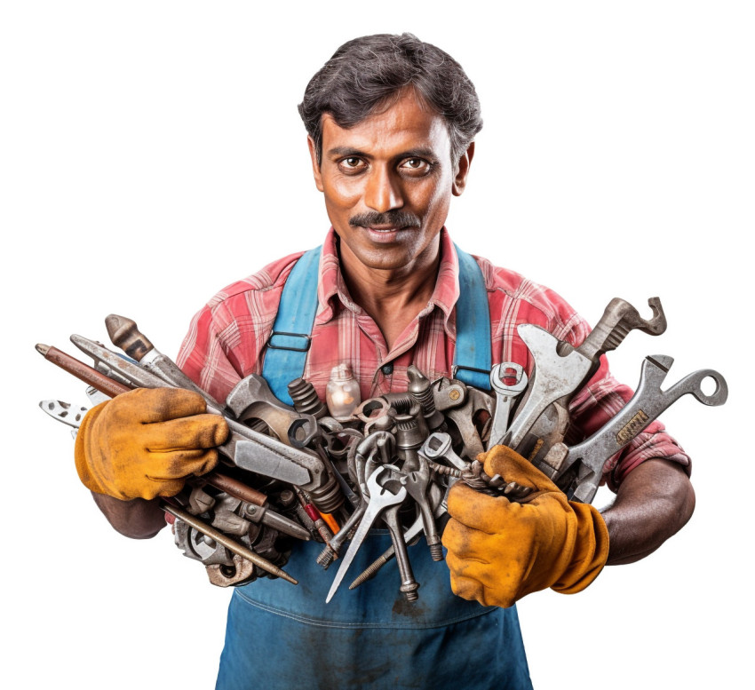 Skilled Indian craftsman poses with tools against a white background