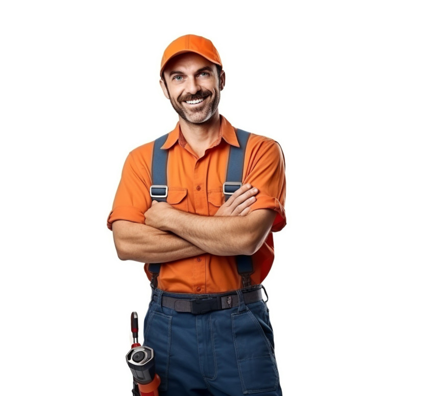 Approachable smiling plumber isolated on white background