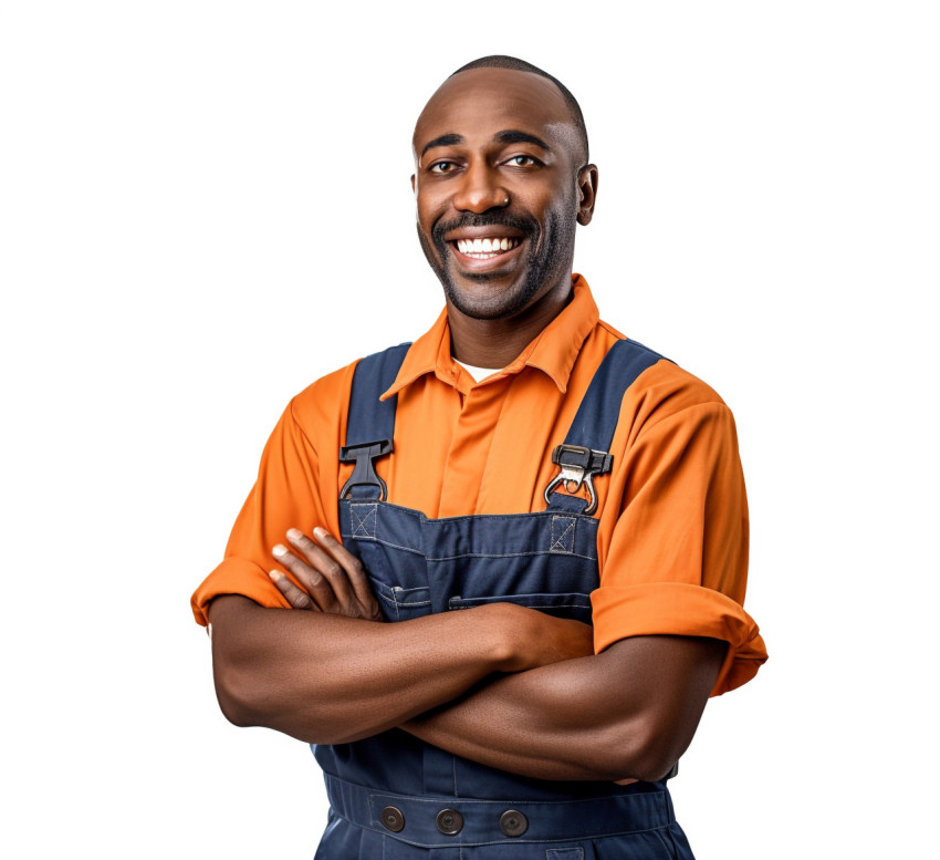 Cheerful mechanic posing against a white background