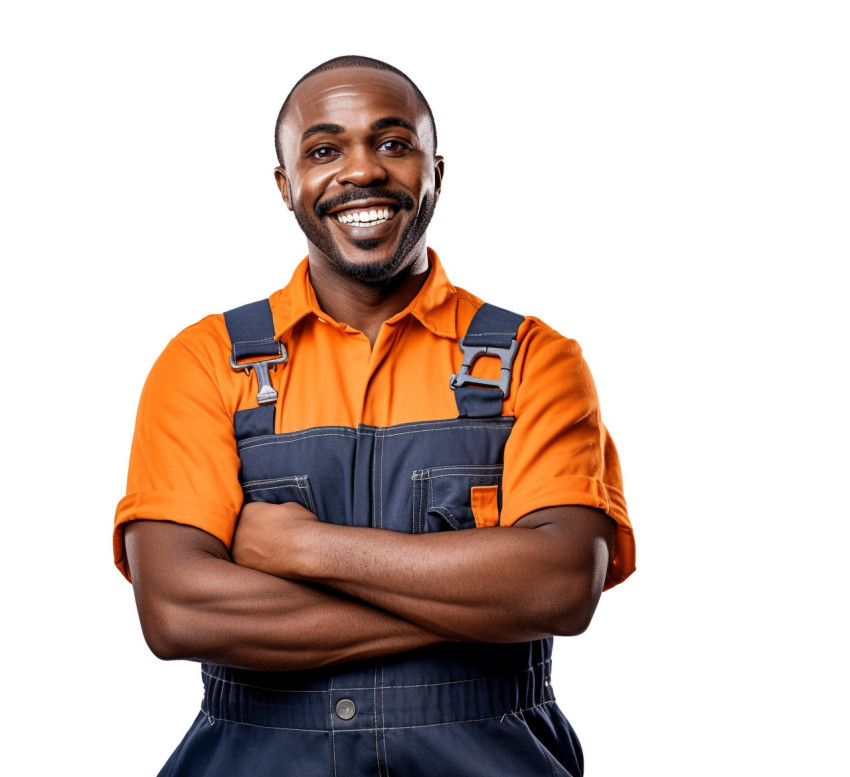 Cheerful mechanic posing against a white background