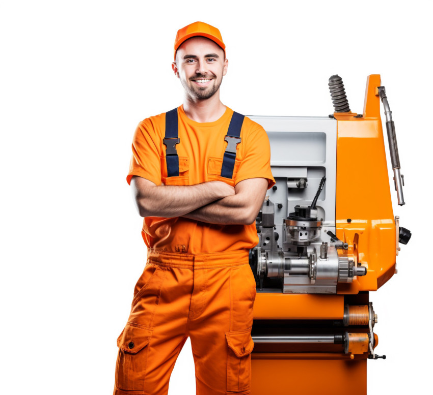 Cheerful male machinist with a welcoming smile against a white background