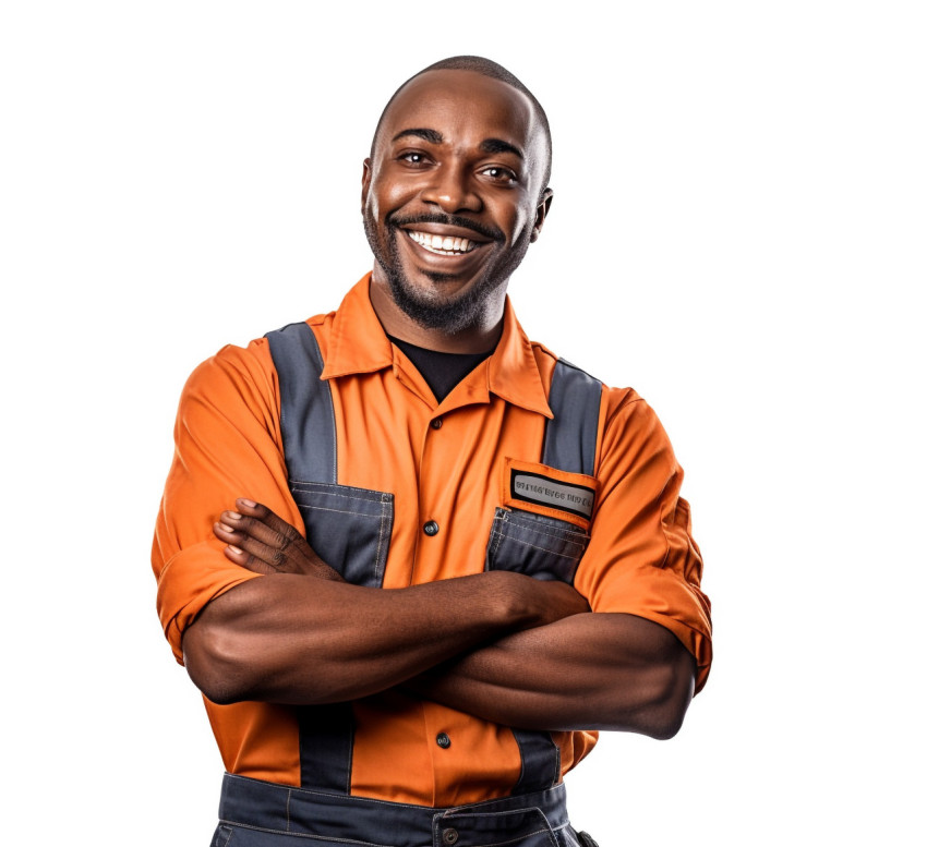 Cheerful mechanic posing against a white background