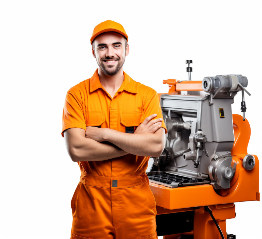 Cheerful male machinist with a welcoming smile against a white background