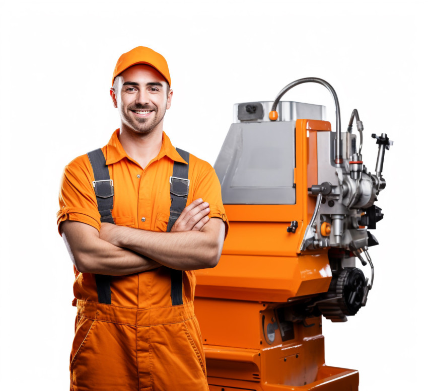 Cheerful male machinist with a welcoming smile against a white background