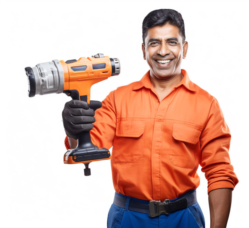 Happy Indian craftsman in white background