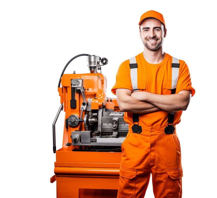 Cheerful male machinist with a welcoming smile against a white background