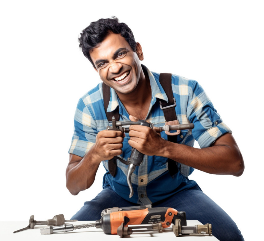 Happy Indian craftsman in white background