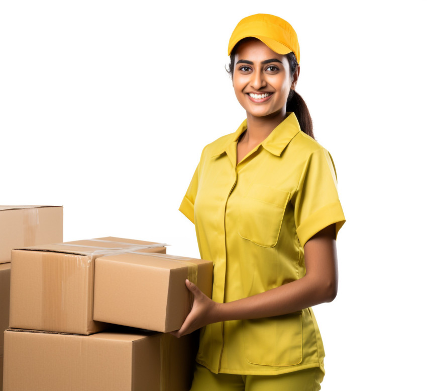 Cheerful Indian woman factory worker isolated on white background