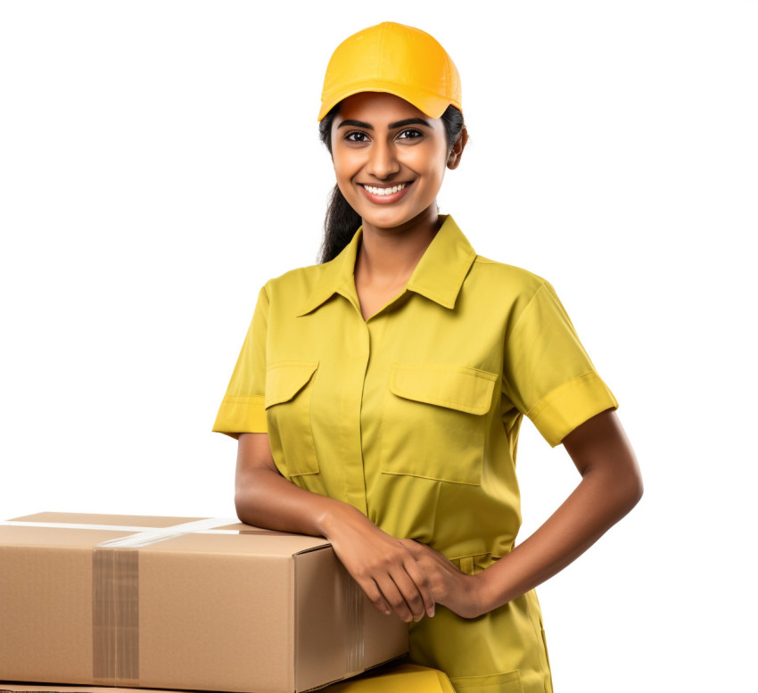 Cheerful Indian woman factory worker isolated on white background