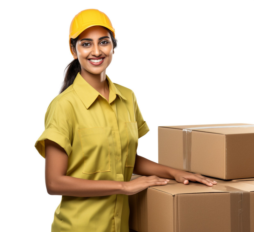 Cheerful Indian woman factory worker isolated on white background