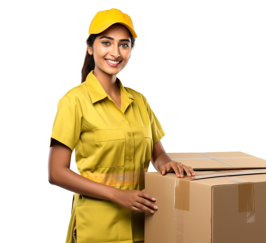 Cheerful Indian woman factory worker isolated on white background