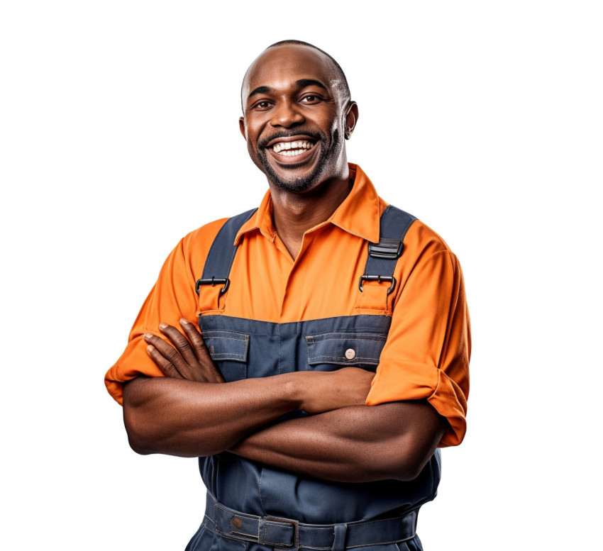 Cheerful mechanic posing against a white background