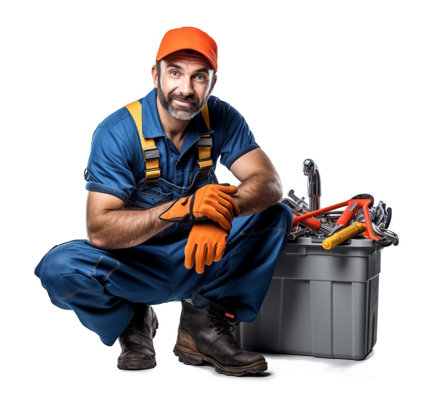 Plumber in white uniform isolated on white background