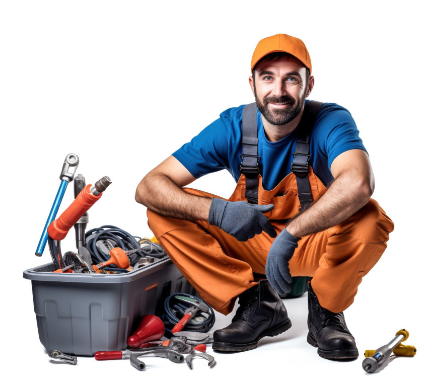 Plumber in white uniform isolated on white background