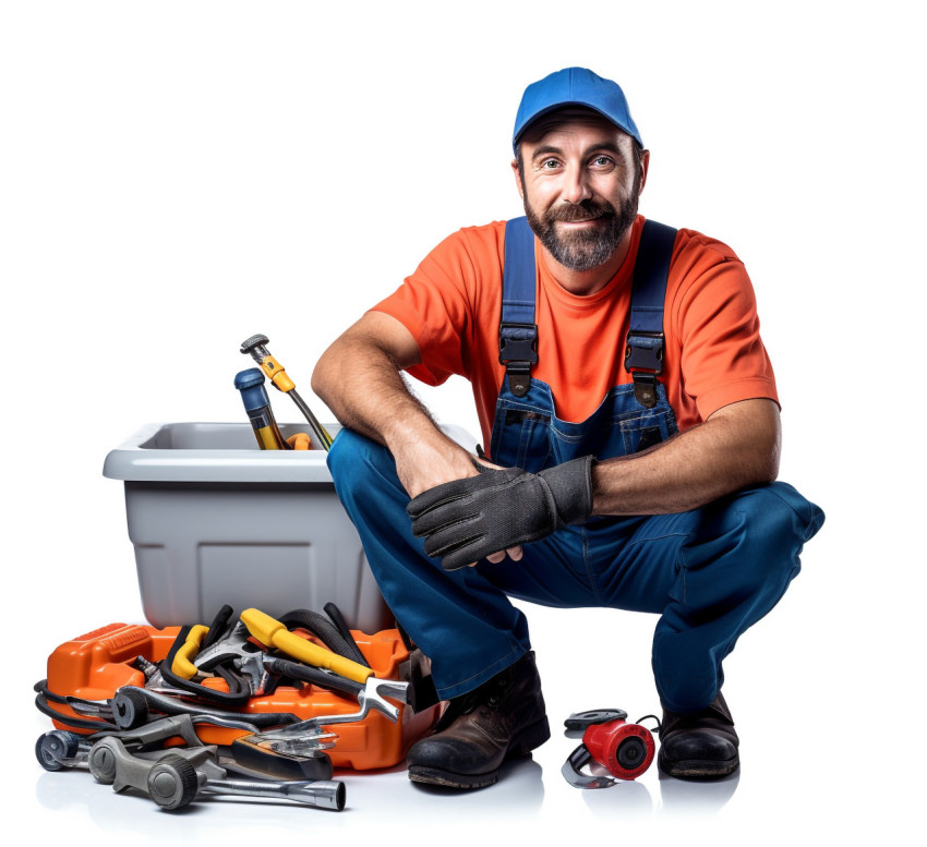 Plumber in white uniform isolated on white background