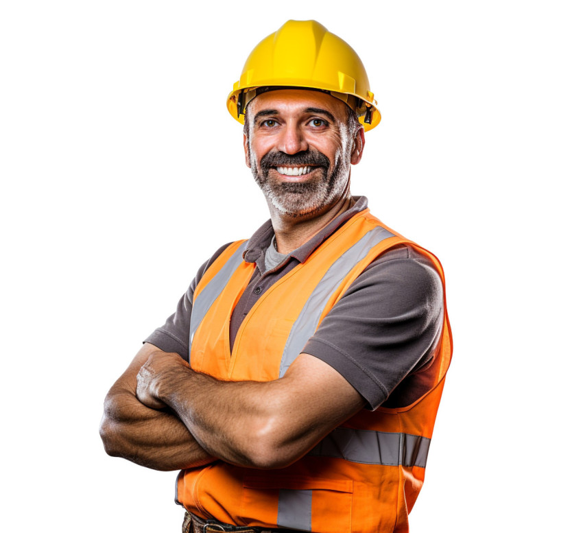 Smiling construction worker isolated on white