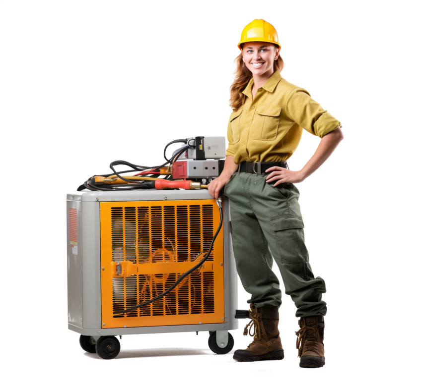 Smiling HVAC technician woman on white background