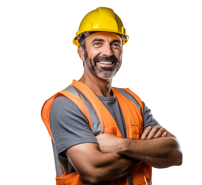 Smiling construction worker isolated on white