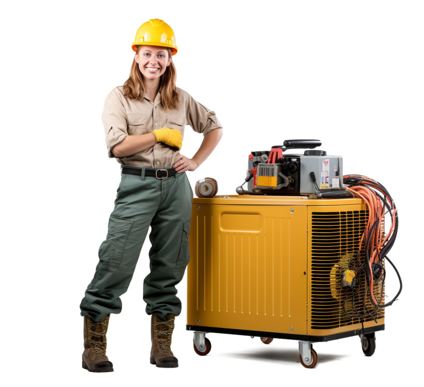 Smiling HVAC technician woman on white background