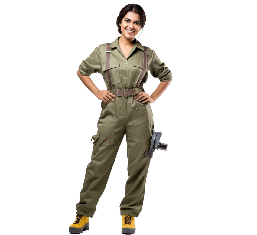 Indian female plumber smiling on white