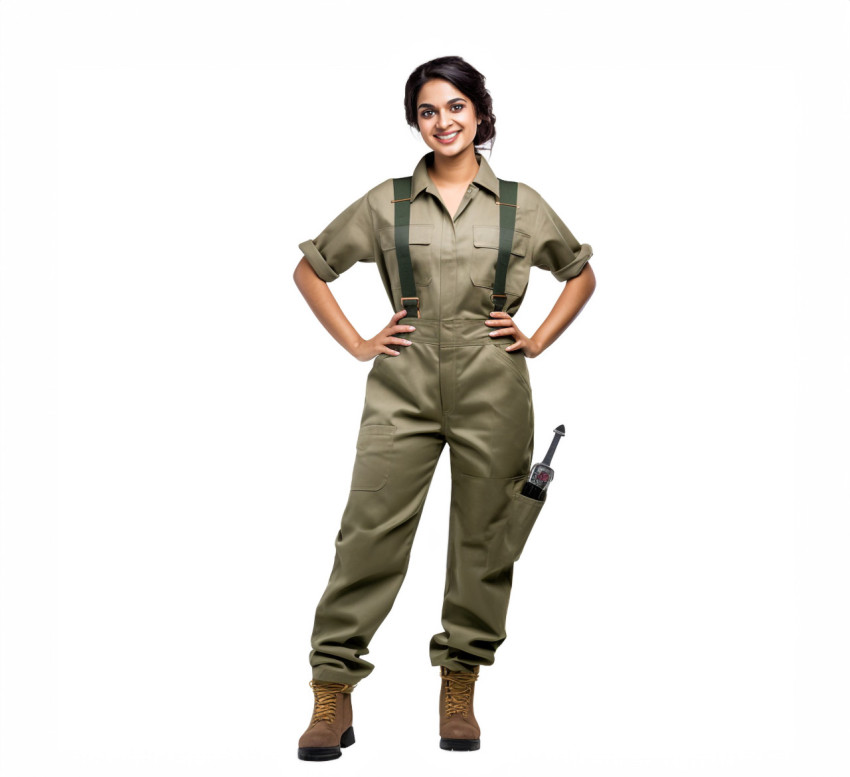 Indian female plumber smiling on white