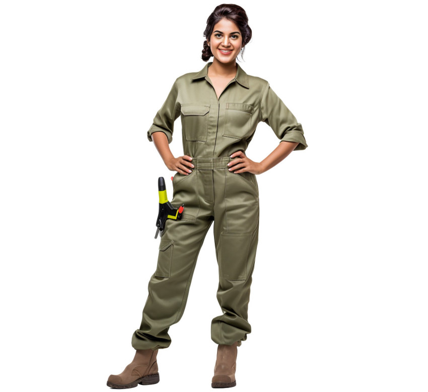 Indian female plumber smiling on white