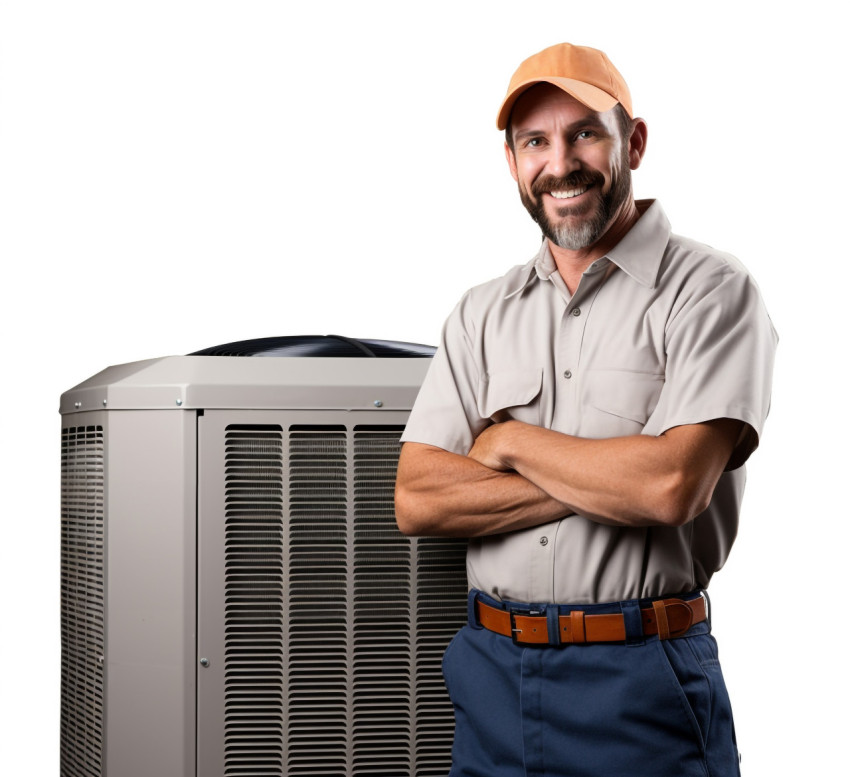 Friendly HVAC technician smiling isolated on white