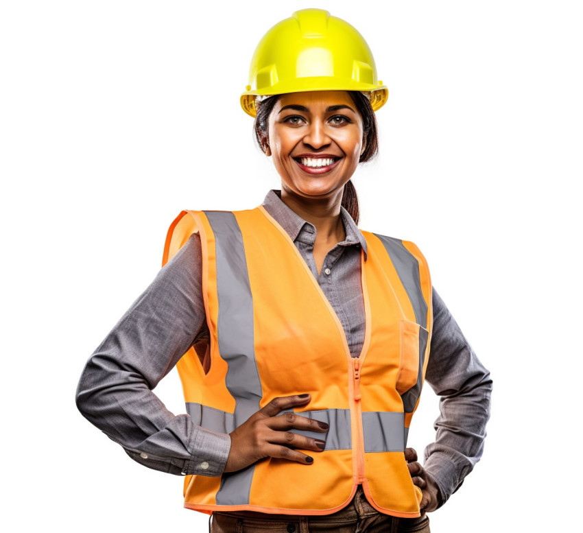 Indian woman construction worker smiling on a white background