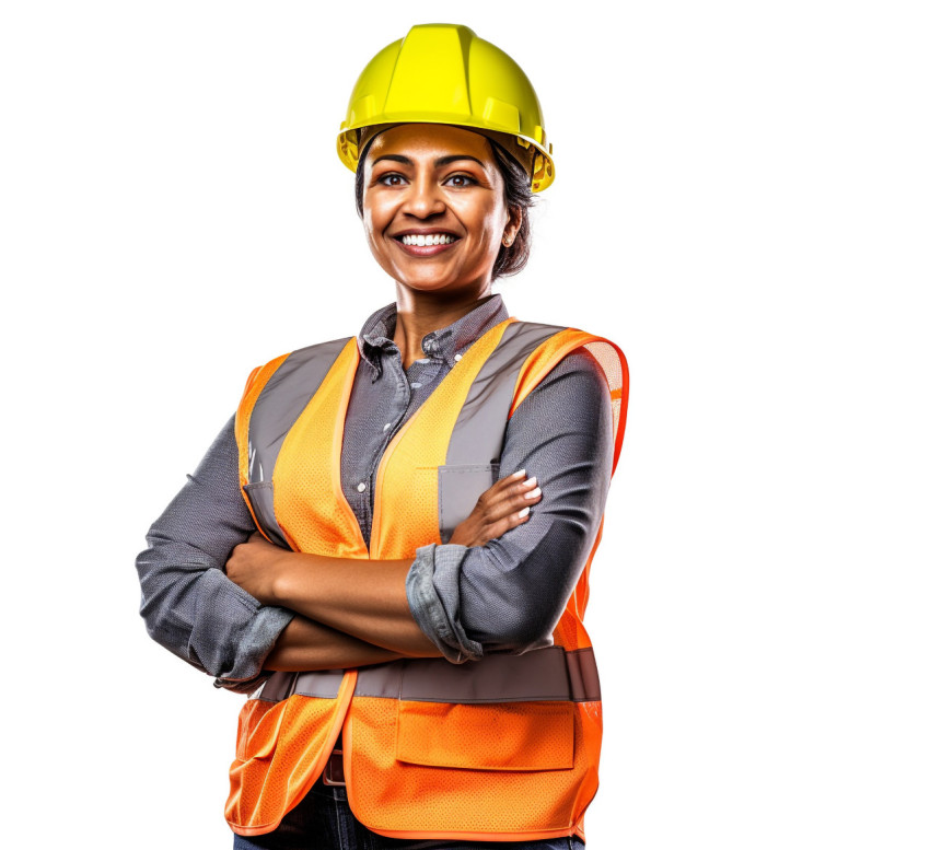 Indian woman construction worker smiling on a white background