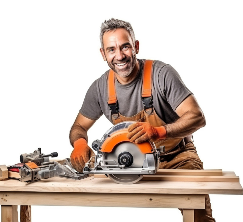 Carpenter smiling on white background