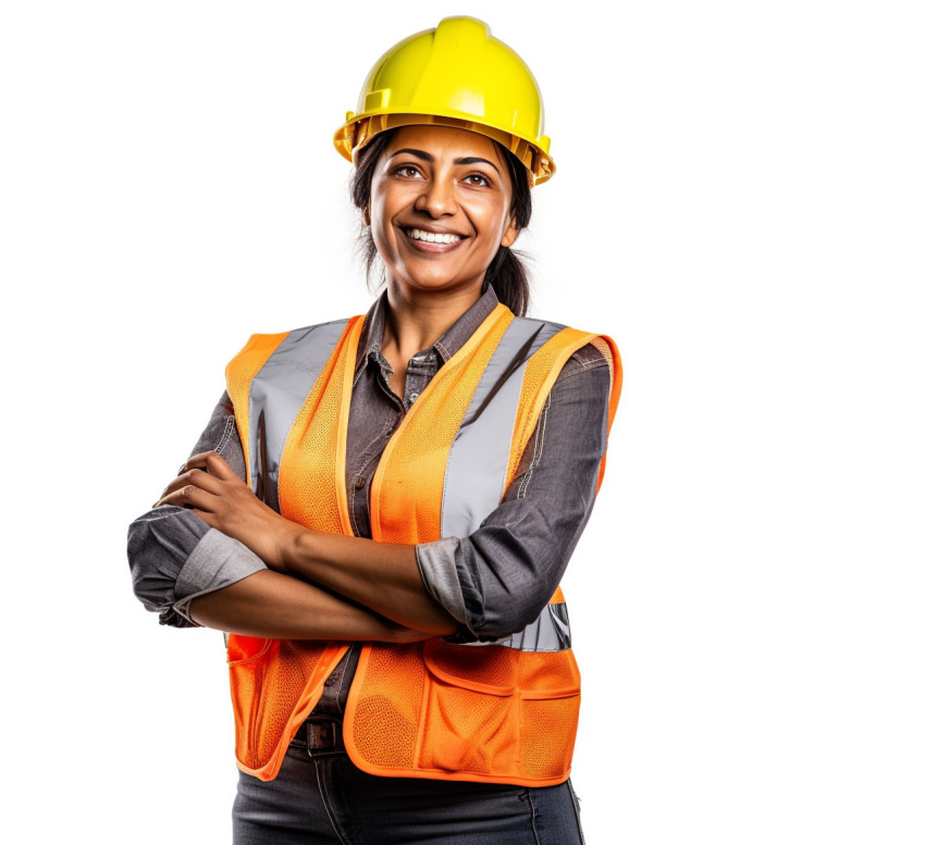 Indian woman construction worker smiling on a white background