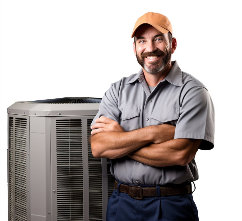 Friendly HVAC technician smiling isolated on white