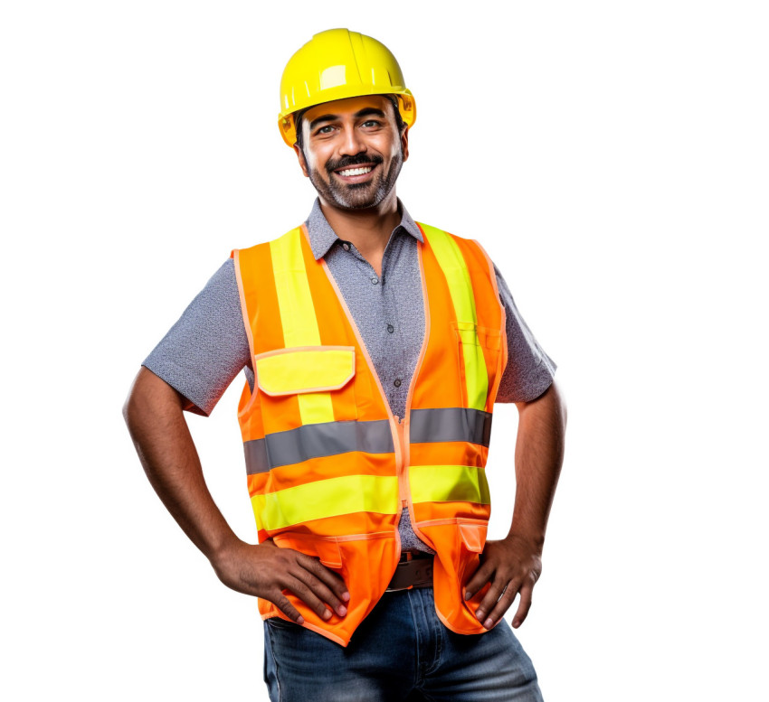 Smiling Indian construction worker on white background