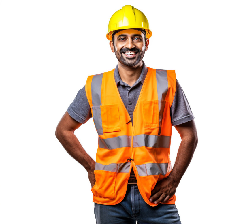 Smiling Indian construction worker on white background