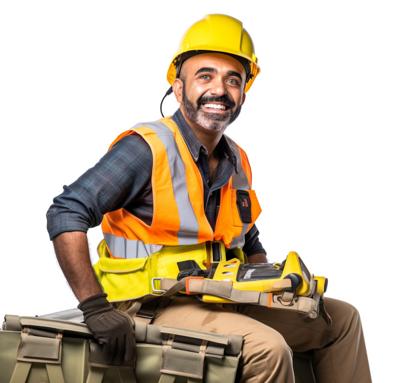 Indian roofer smiling on white background